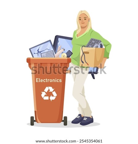 Woman recycling electronics with a bin full of gadgets. Vector illustration