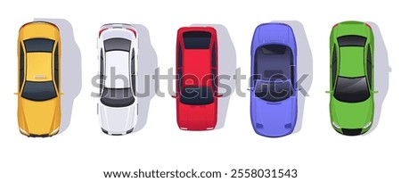 Top view of five colorful cars in a row on a white background. Vector illustration