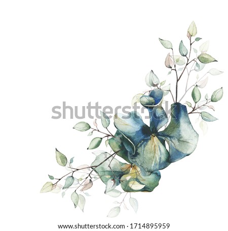 Watercolor painted floral bouquet isolated on white background. Arrangement with branches, leaves, flowers of hydrangea.