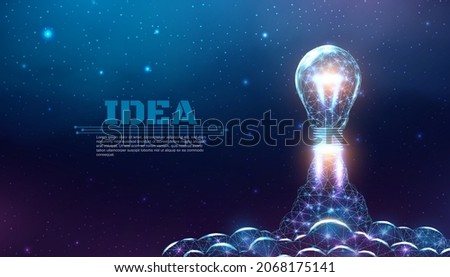 Bulb launch, wireframe polygonal style. Internet technology network, business startup concept with glowing low poly rocket. Futuristic modern abstract background. Vector illustration.