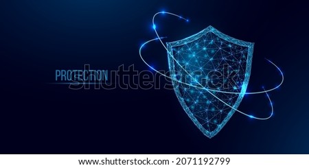 Guard shield. Cyber security concept with glowing low poly shield on dark blue background. Wireframe low poly design. Abstract futuristic vector illustration.  