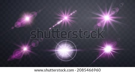 Pink lens flares set.
Isolated on transparent background. Sun flash with rays or spotlight and bokeh. Pink glow flare light effect. Vector illustration.