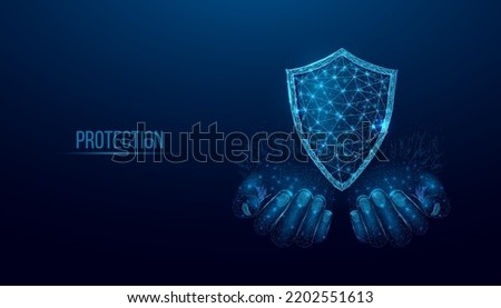 Two human hands hold a shield. Wireframe glowing low poly guard. Design on a blue background. Abstract futuristic vector illustration