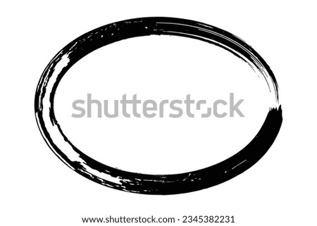 Ellipse frame form, grunge design element with distress texture. Black brush stroke. Vector illustration isolated on white background. 