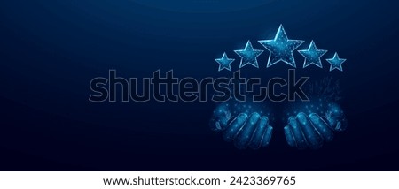 Two human hands hold a five star. Wireframe glowing low poly design on a blue background. Abstract futuristic vector illustration