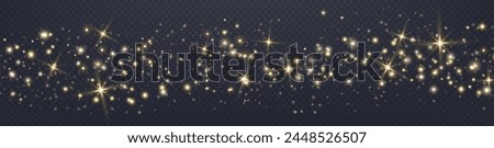 Gold glittering dots, particles, stars magic sparks. Glow flare light effect. Gold luminous points. Vector particles on transparent background. 