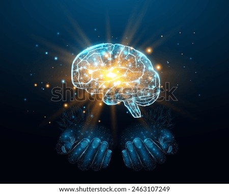 Two human hands are holds human brain. Support healthy brain concept. Wireframe glowing low poly design on dark blue background. Abstract futuristic vector illustration.