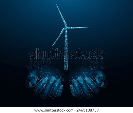 Two human hands are holds wind Generation Turbine. Renewable alternative energy concept with glowing low poly windmill on dark blue background. Wireframe low poly design. Abstract futuristic vector 