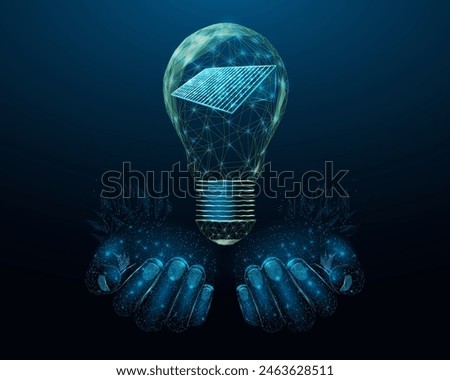 Two human hands are holds solar panel. Renewable alternative energy concept with glowing low poly panel on dark blue background. Wireframe low poly design. Abstract futuristic vector illustration