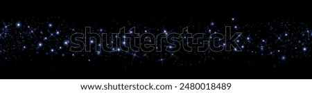 Blue glittering dots, particles, stars magic sparks. Glow flare light effect. Blue luminous points. Vector particles on black background. 