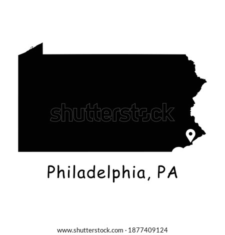 Philadelphia on Pennsylvania State Map. Detailed PA State Map with Location Pin on Philadelphia City. Black silhouette vector map isolated on white background.