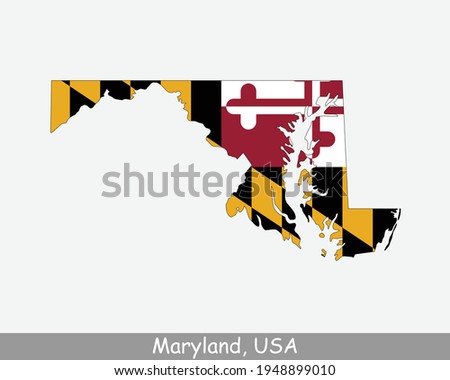 Maryland Map Flag. Map of MD, USA with the state flag isolated on white background. United States, America, American, United States of America, US State. Vector illustration.