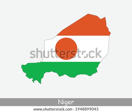 Niger Flag Map. Map of the Republic of the Niger with the Nigerien national flag isolated on white background. Vector Illustration.