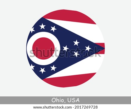 Ohio Round Circle Flag. OH USA State Circular Button Banner Icon. Ohio United States of America State Flag. The Buckeye State, Birthplace of Aviation, The Heart of It All, EPS Vector