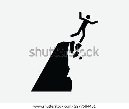 Cliff Collapse Icon Landslide Mountain Break Off Man Falling Vector Black White Silhouette Symbol Sign Graphic Clipart Artwork Illustration Pictogram