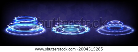 Hologram portal of science futuristic. Sci-fi digital hi-tech collection in glowing HUD. Magic warp gate in game fantasy. Abstract technology. Circle teleport podium. GUI, UI virtual reality users