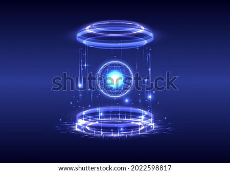 Portal and hologram science futuristic. Sci-fi digital hi-tech in glowing HUD projector. Magic gate in game fantasy. Circle teleport podium. GUI and UI virtual reality. Particle of globe