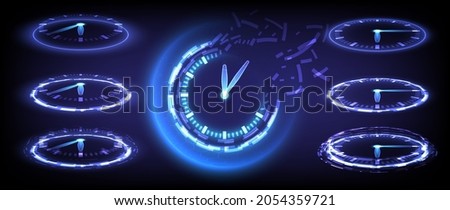 Time machine, timer and deadline. Sci-fi digital high-tech collection in glowing HUD elements clock. Hologram portal of science futuristic technology. Magic warp gate in game fantasy. Teleport podium