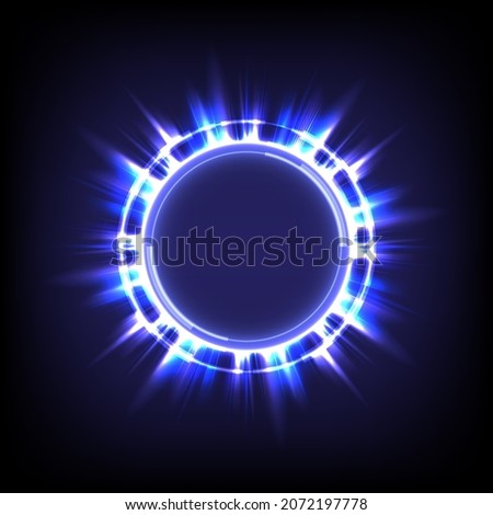 Technology glowing HUD circle. Light and sparking ring. Colorful tunnel. Bright border. Magic portal. Luminous and glint swirling. Vector illustrator. Hi-tech data engineer. Abstract background