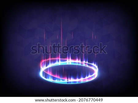 Portal and hologram science futuristic stage. Music sound wave. Sci-fi digital hi-tech in glowing HUD projector. Magic gate in game fantasy. Circle teleport podium. GUI and UI virtual reality 3D