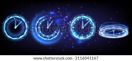Time machine, fade, timer and deadline. Sci-fi hi-tech collection in glowing HUD elements clock. Hologram portal of science futuristic technology. Magic warp gate in game fantasy. Teleport podium