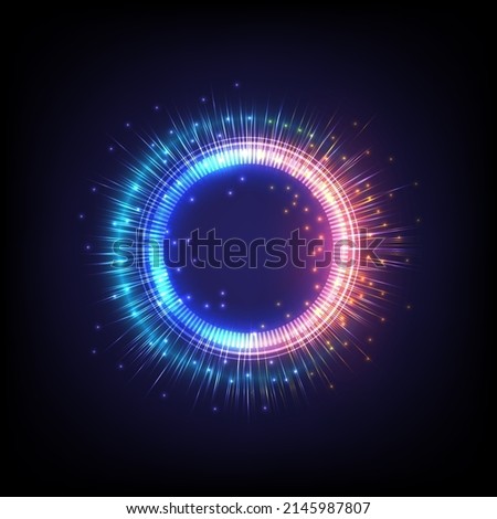 Technology glowing HUD circle. Light , ray and sparking ring. Colorful tunnel. Bright border. Magic portal. Luminous electron and glint swirling. Fireworks model