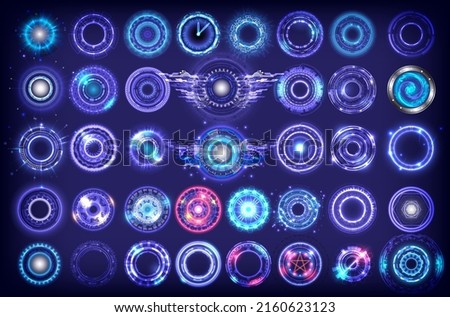 Futuristic Holographic circle of focus elements. Sci-fi round design. Military Collimator Sight. Big set of collection glowing HUD circle. Camera Viewfinder set. Technology Engineering