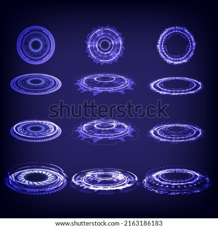 Sci-fi high-technology stage collection in glowing HUD. Magic warp gate in game fantasy. Circle teleport podium. Rays, GUI, UI virtual reality users. Hologram portal lighting set of user interface