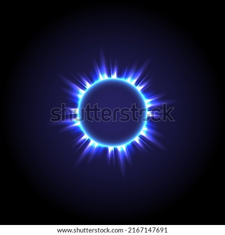 Glowing circle. Sunshine, Light , ray and sparking ring. Colorful tunnel. Bright border. Blue flame magic portal. Luminous electron and glint swirling. Fireworks model