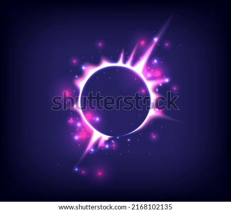 Fireworks model. Glowing circle. Sunshine, light , ray and sparking ring. Colorful tunnel. Bright border. Blue flame magic portal. Luminous electron and glint swirling. Solar eclipse. Pink neon light
