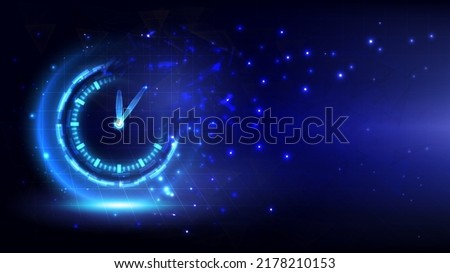 Futuristic Sci-Fi glowing HUD time fading. Abstract time machine and polygon hi-tech background. Data digital clock of head-up display interface. Virtual reality technology timer. Deadline concept