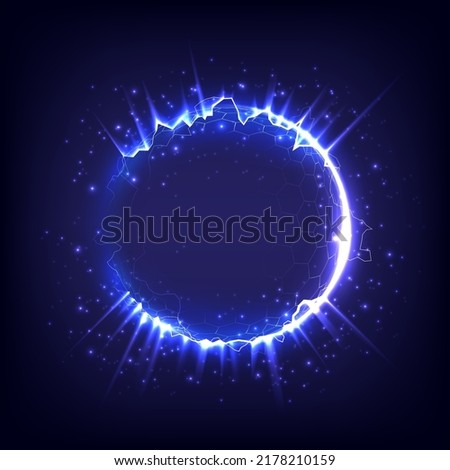 Fireworks model. Glowing circle. Sunshine, lightning, ray and sparking ring. Neon light tunnel. Bright border. Magic portal. Luminous electron and glint swirling. Cosmic energy. Hexagon barrier sphere