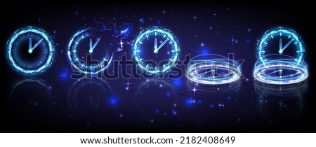 Time machine, fade, timer and deadline. Sci-fi digital time collection in glowing HUD elements clock. Hologram portal of science futuristic technology. Magic warp gate in game fantasy. Teleport podium