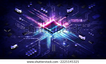 Abstract hardware and software background. Circuit board, Chip processor, Mainboard and code programmer. Hi-tech computer engineer. Cyberpunk tech and database coding. Blue and red neon light effect