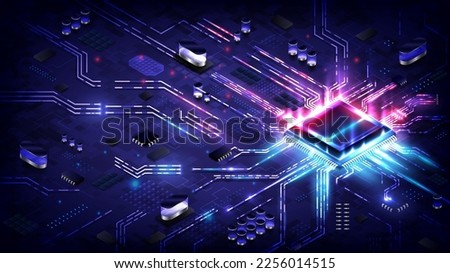 Abstract hardware and software background. Circuit board, Chip processor, Mainboard and code programmer. Hi-tech computer engineer. Cyberpunk tech and database coding. Blue and red neon light effect