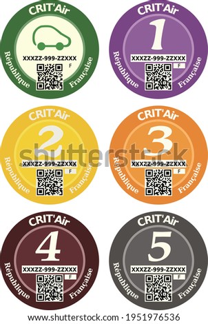 Collection of Crit'air labels from the French Republic (république française) defining the pollution produced by a vehicle Photo stock © 