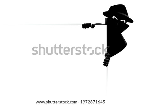 A criminal is hidden behind the top right corner of a blank sign on a white background