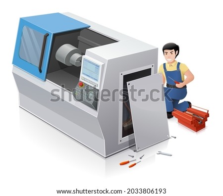 CNC machine tool under repair being disassembled by a repairman to perform maintenance or repairs on a white background