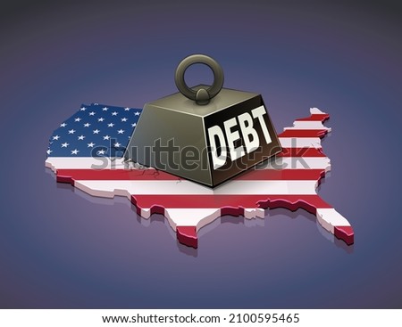 3D map of USA with its flag with a metal weight representing debt on a dark background