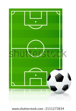 Soccer field in portrait mode with a soccer ball with reflections on a white background