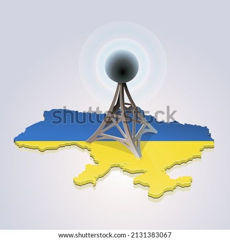 A cartoon antenna emits waves in the middle of a map of Ukraine in the colors of the Ukrainian flag Foto stock © 
