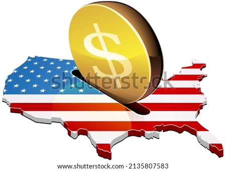 3D map of the United States with the American flag in which a coin with the symbol of the dollar is inserted into a slot like a piggy bank (cut out)