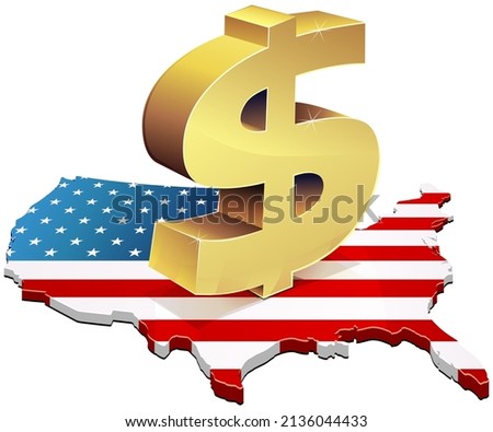 3D map of the United States in the colors of the American flag on which is placed the symbol in gold of the American currency, the dollar (cut out)