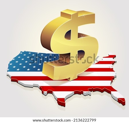 3D map of the United States in the colors of the American flag on which is placed the symbol in gold of the American currency, the dollar on white background