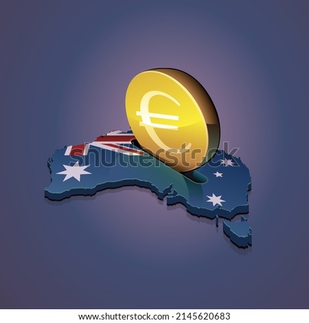 3D map of Australia on which the Australian flag is displayed in which a gold coin with the euro symbol is inserted like a piggy bank (dark background)