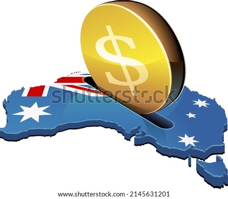 3D map of Australia on which the Australian flag is displayed in which a gold coin with the symbol of the dollar is inserted like a piggy bank (cut out)