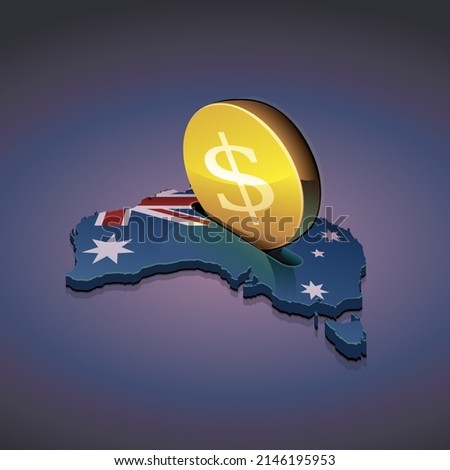 3D map of Australia on which the Australian flag is displayed in which a gold coin with the symbol of the dollar is inserted like a piggy bank (dark background)