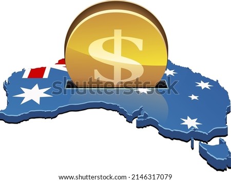 3D map of Australia on which the Australian flag is displayed in which a gold coin with the symbol of the dollar is inserted like a piggy bank (cut out)