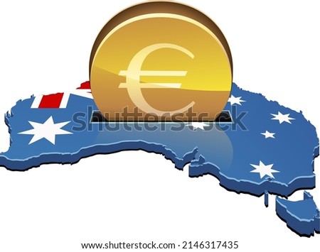 3D map of Australia on which the Australian flag is displayed in which a gold coin with the euro symbol is inserted like a piggy bank (cut out)
