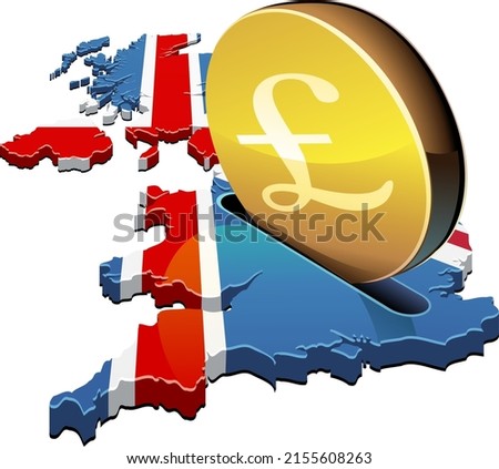 A coin with the symbol of the British pound sterling is inserted into a slot of the United Kingdom 3D map in the colors of the British flag like a piggy bank (cut out)
